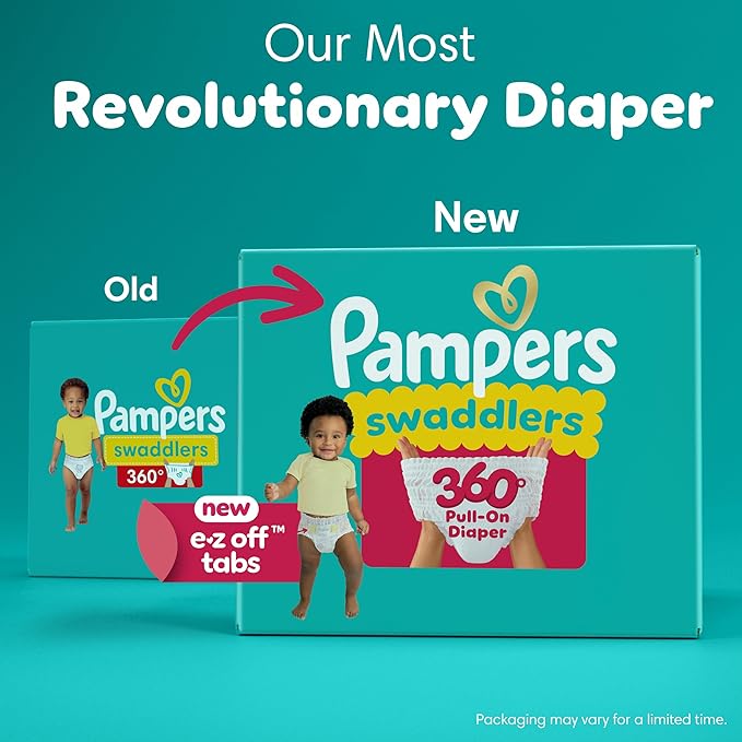Pampers Diapers - Swaddlers 360° - Size 5, 52 Count, up to 100% Leakproof Comfy Dry Fit, Designed for Easy Changes, Pull On Baby Diaper (Packaging May Vary)
