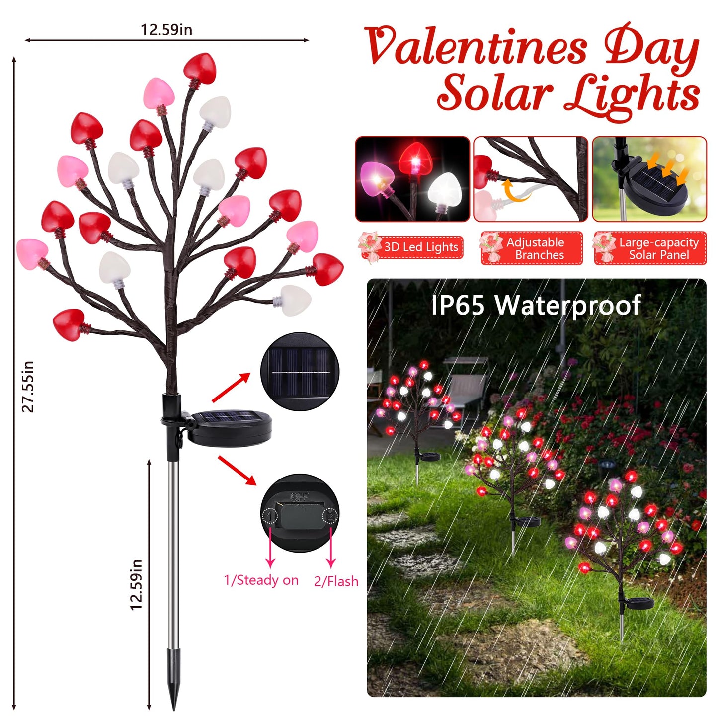 2 Pack Valentine's Day Solar Outdoor Lights, Valentines Day Decor Red Pink White Heart Solar Valentine Lights, Valentines Day Solar Decorations Outdoor Garden Lawn Yard Decorations