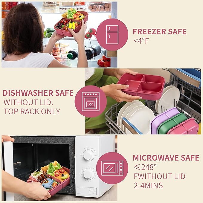 Wheat Straw Bento Box, BPA-Free Lunch Box for Kids & Adults - Leakproof 3-Compartment Lunch Containers with Utensil, Microwave/Dishwasher Safe, 5.5 Cup Muted Red