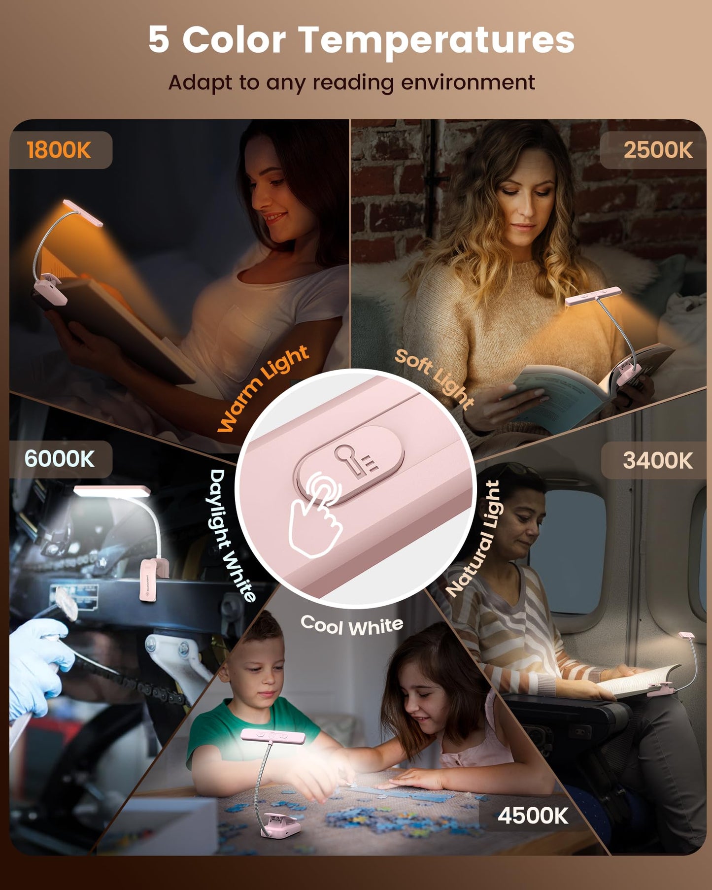 Glocusent 26 LED Book Light, 1200 mAh 90 Hrs Lasting Rechargeable Reading Light, 5 Amber Colors & Stepless Dimming Book Reading Light - Portable Clip on Light for Book Lovers Kids-Pink