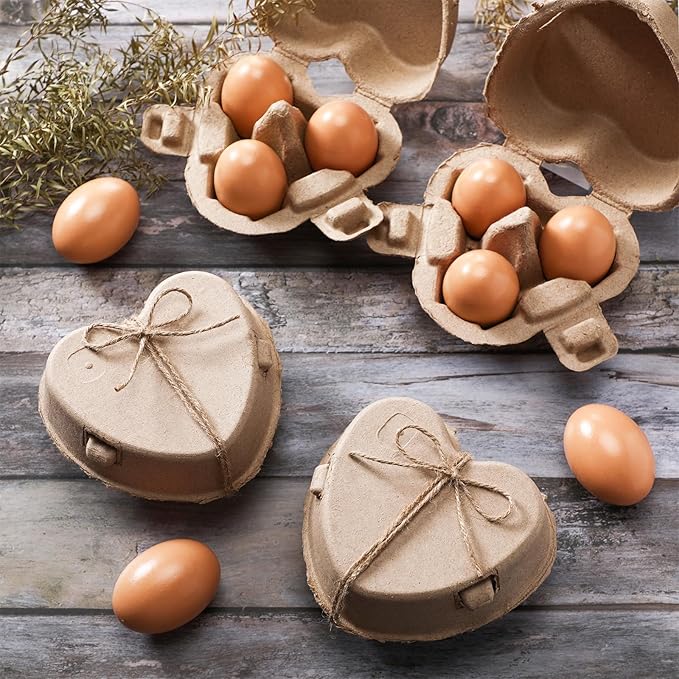100 Pcs Easter Heart Shaped Eggs Cartons 3 Count Natural Paper Pulp Valentine Egg Cartons with Jute Rope Reusable Cardboard Storage Baskets Holder Tray for Kitchen Holiday Gifts Market Farm