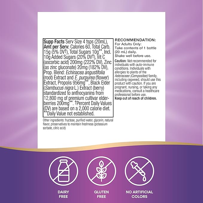 Nature's Way Sambucus Immune Syrup Single Shot, Daily Immune Support*, Elderberry, Vitamin C, Zinc, 0.67 Fl Oz x 12 (Packaging May Vary)