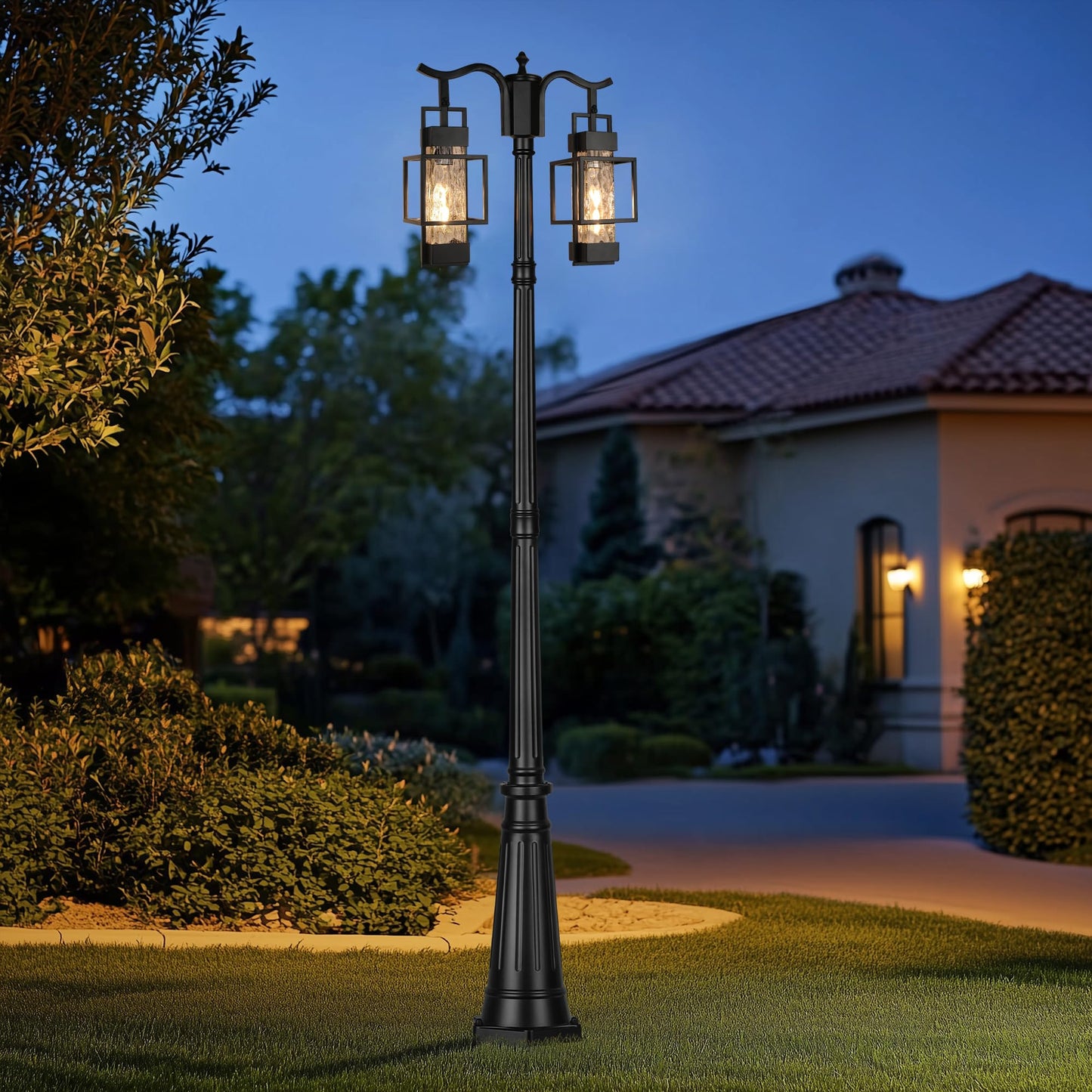 Partphoner Modern Outdoor Lamp Post Light 2-Head  Hardwired Street Light Post For Outside Metal Pole Light Outdoor Lighting With Water Glass Shade For Garden Patio Backyard Walkway Driveway