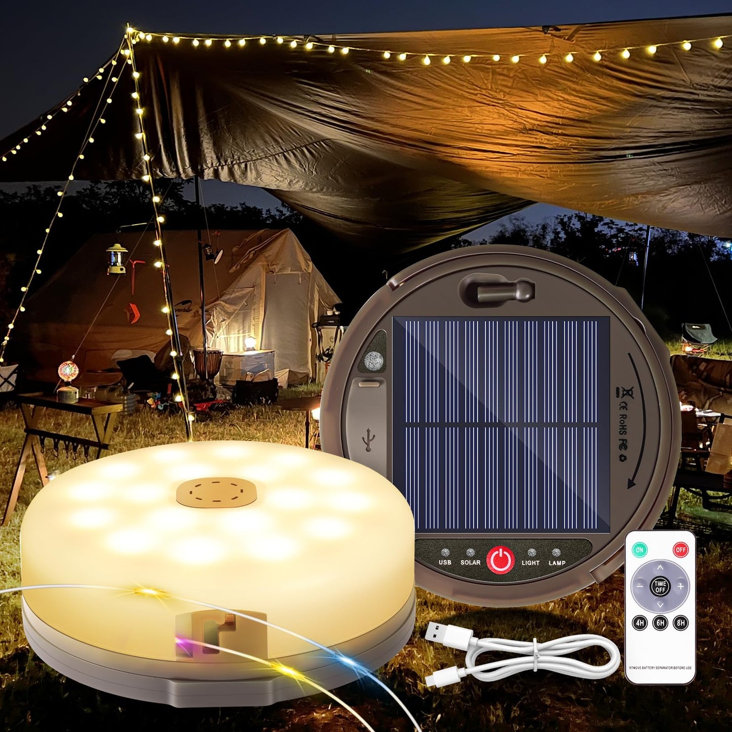 HELESIN Outdoor Portable Camping String Lights, 42ft, 8 Modes, Solar/USB Rechargeable, Multicolor
