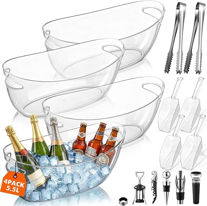 Yiyiring 4 Pcs Ice Buckets for Parties Large 5.5l Clear Beverage Tubs with Scoops, Tongs, Wine Opener, Vacuum Wine Stopper...