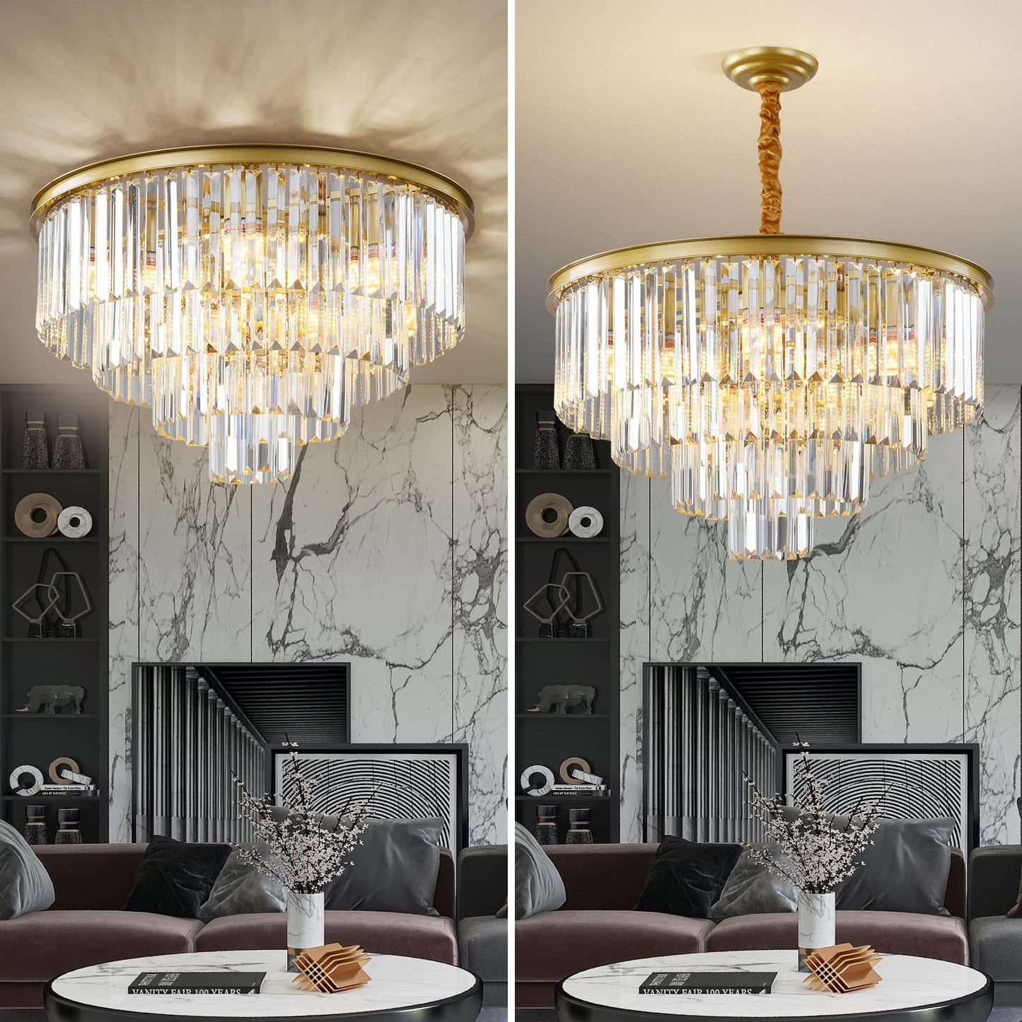 Laiuetai Gold Modern Crystal Chandelier  4-Tier Round Flush Mount Ceiling Light Fixtures Height Adjustable Pendant Lighting For Dining Room Living Room Bedroom Kitchen Hotel Foyer