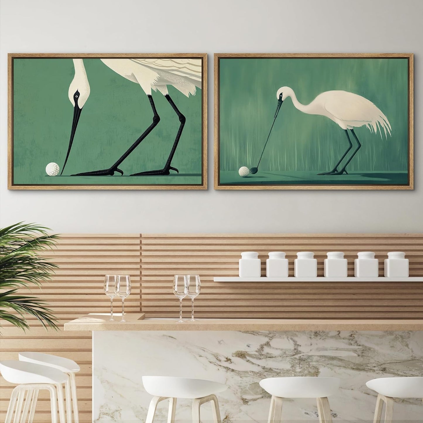 SIGNWIN Framed Canvas Print Wall Art Set Funny Crane Playing Golf Whimsical Bird Illustrations Modern Art Rustic Minimal for Living Room, Bedroom, Office - 16"x24"x2 Natural