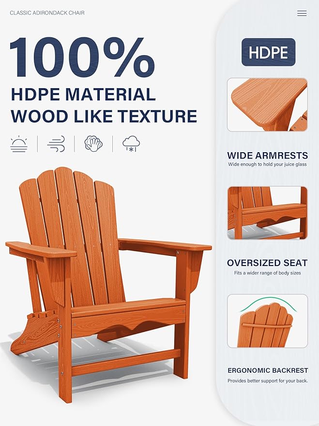KINGYES HDPE Adirondack Chair Chair Set of 6, Classic All-Weather Adirondack Chair, Orange