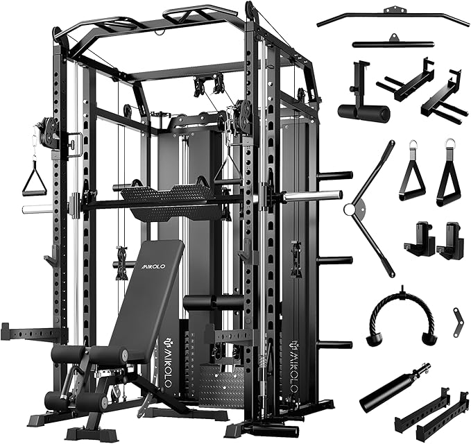 Mikolo Smith Machine with Weight Stack, Power Cage Home Gym System with LAT Pulldown & Cable Crossover, Multi-Functional T...