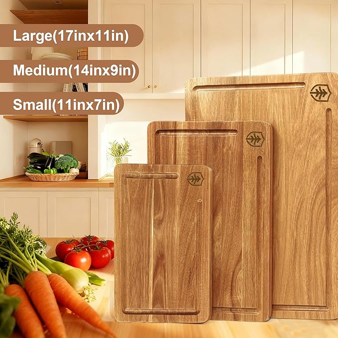 3 PCS Cutting Boards for Kitchen, Premium Acacia Wooden Cutting Board Set with Built-In Handle and Juice Groove, Charcuterie & Chopping Butcher Block for Meat, Vegetables, Fruits (Brown)