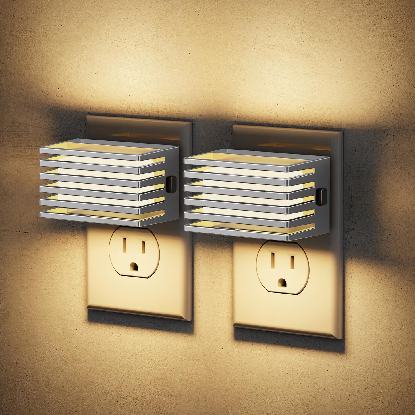 JandCase LED Night Light, Dimmable Soft White, 2 Pack, Warm Silver Shade, with Dusk to Dawn Sensor for Bedroom and Bathroom