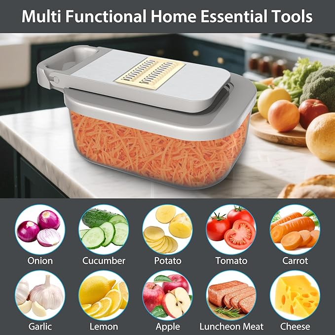 11-in-1 Vegetable Chopper for Kitchen, Food Chopper with Container, Mandoline Slicer Onion Dicer, Veggie Cutter for Fruit Salad Kitchen Gadgets Essential Tools (Beige)