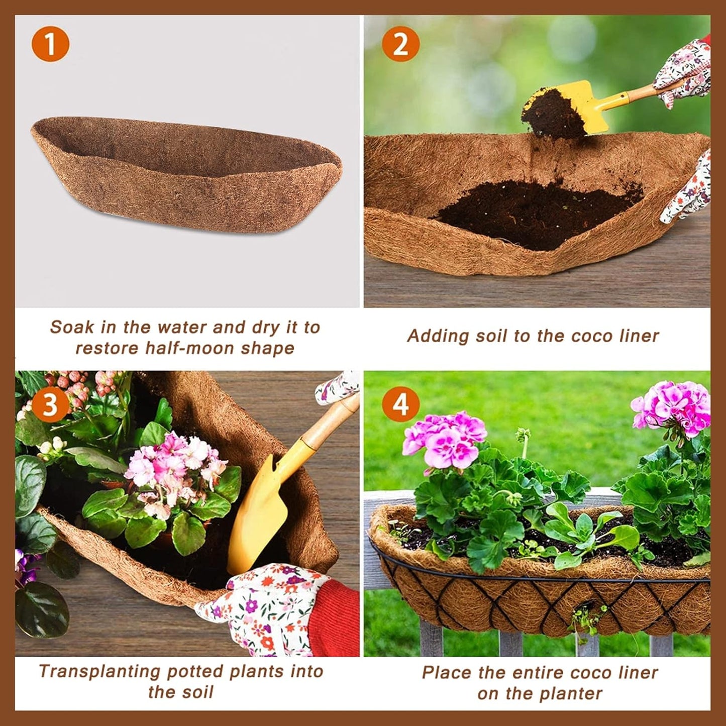STONESTAR 2-Pack Coconut Liners for Planters 36 inch, Half-Moon Shape Window Box Liners Coconut Planter Liners Replacement, Trough Coco Liners for Planters Flower Baskets (36 inch)