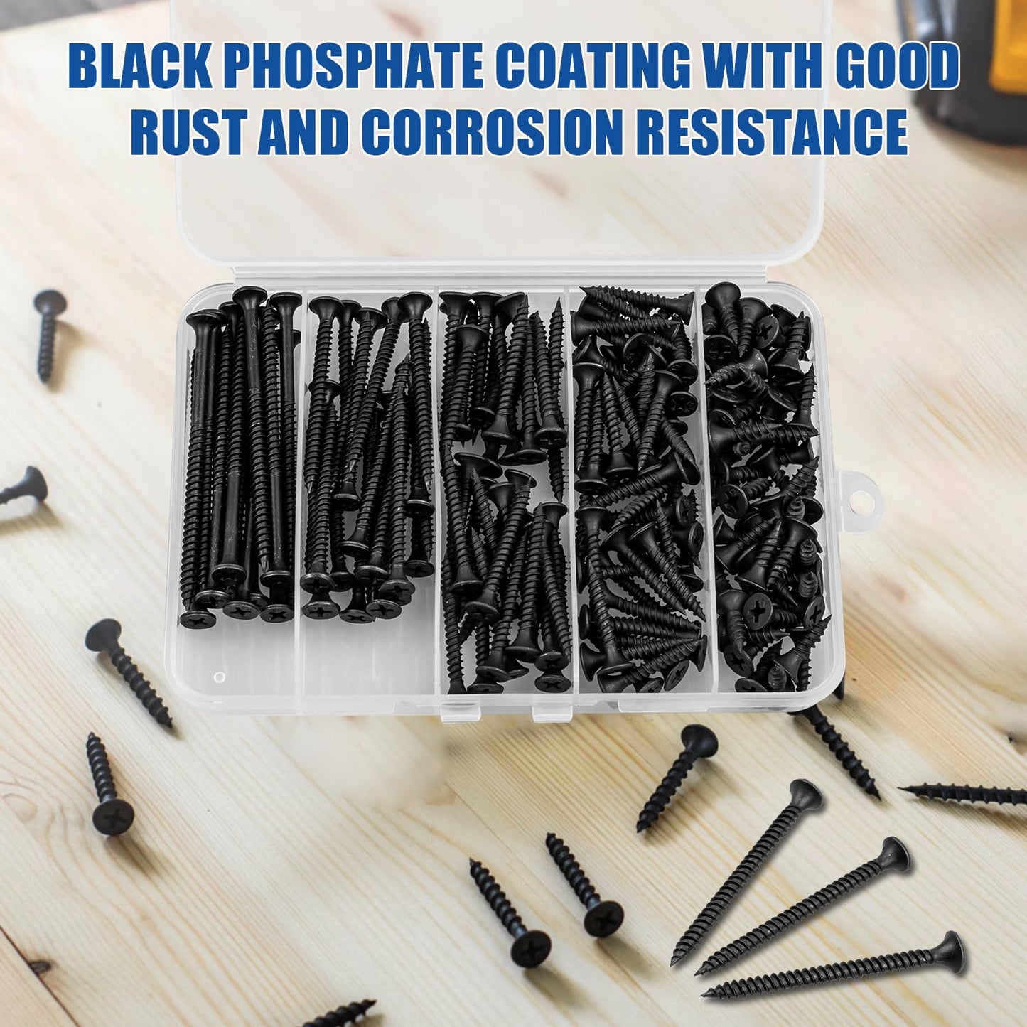 FVOLREM Wood Screws Assortment Kit, 168 PCS, High Hardness Phillips Drive Screws Set, Black Flat Head Wood Screws, Carbon Steel, 5 Sizes, Self-Tapping Screws for Wood, Drywall, Slate