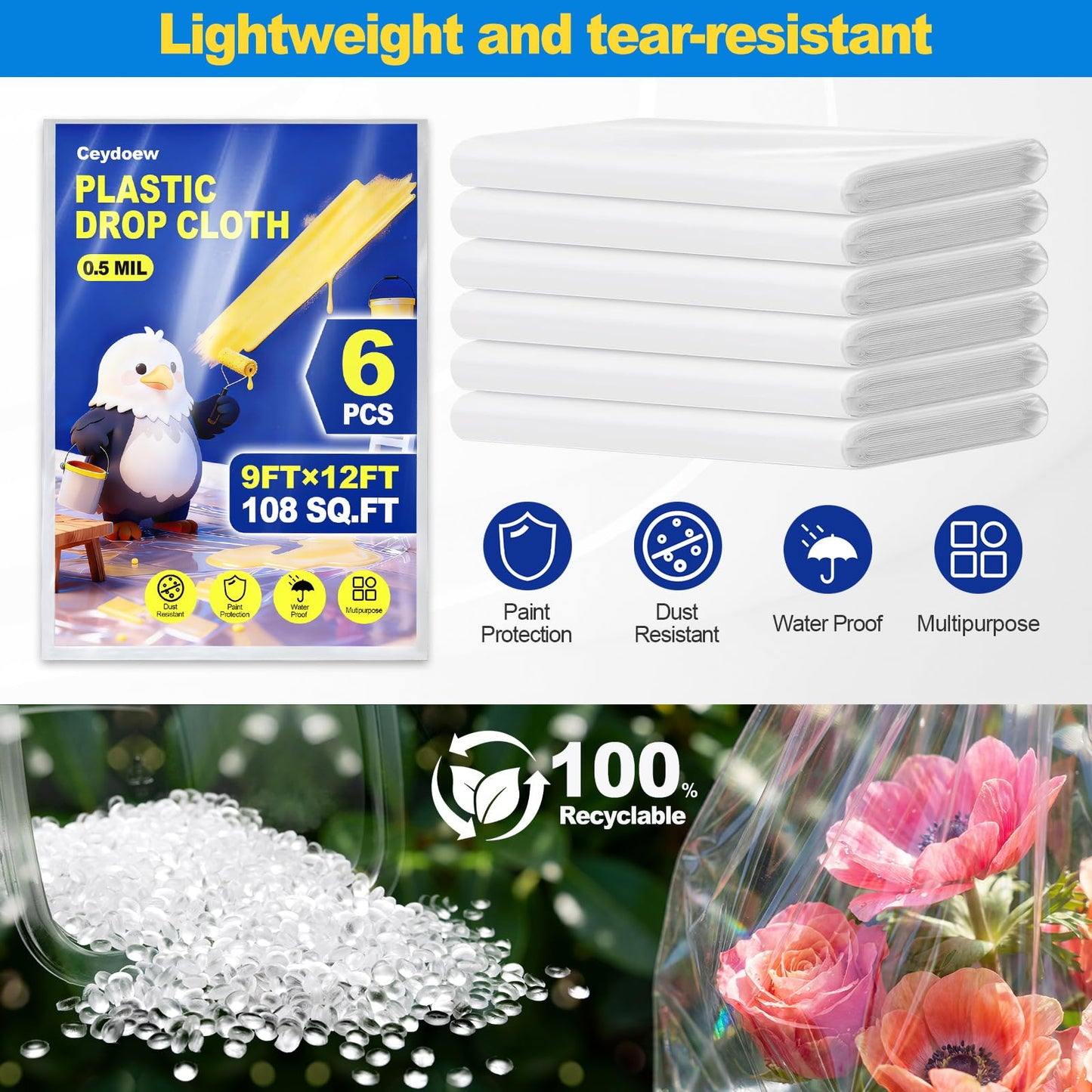 6 Pack Premium Plastic Drop Cloths for Painting 9x12ft, Waterproof & Dust-Proof Painters Plastic Drop Cloth, Disposable Plastic Paint Tarp for Home Renovations & DIY Projects