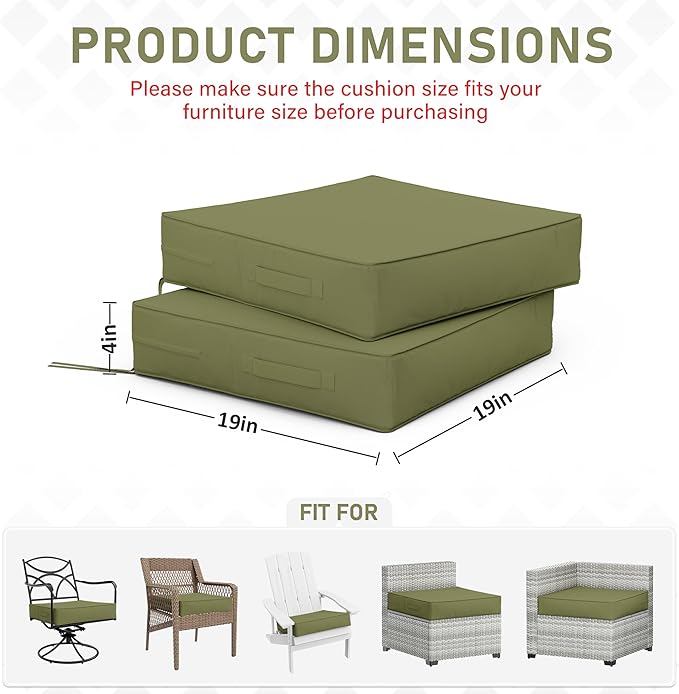 Patio Chair Cushions 19 X 19 X 4 Inch Waterproof Outdoor Seat Cushions for Patio Furniture, Outdoor Sofa Couch Pads with Ties & Handle, Set of 2, Light Green