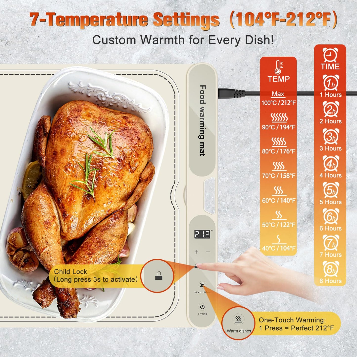 ATAUSD Warming Mat for Food Extra Large, Electric Warming Tray, 15"x31.5" Silicone Heating Mat with 7 Level Adjustable Temp and 8 Hours Timer, Food Warmer for Parties Buffet Home Travel, Beige