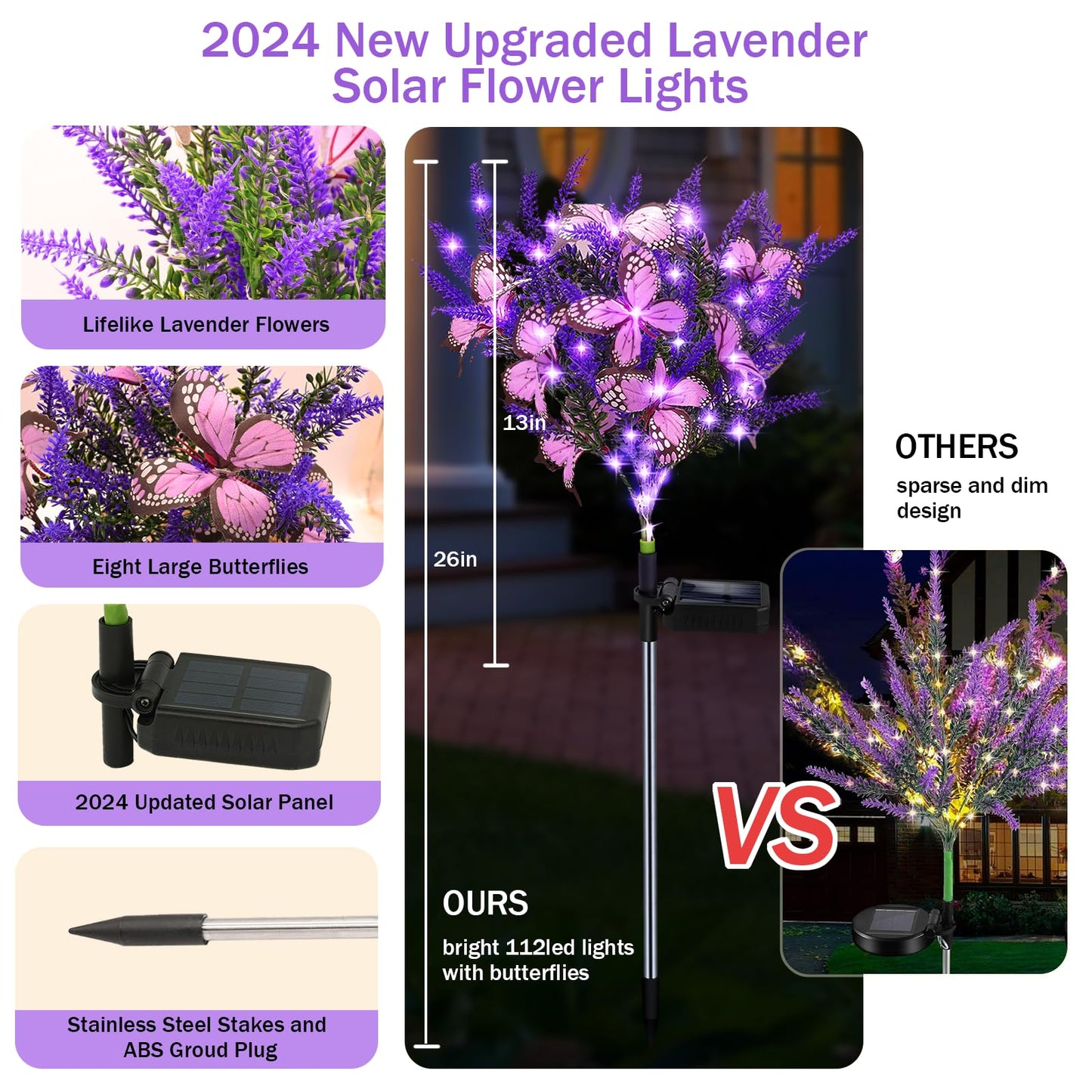 Kohlrabi Solar Garden Lights - 4 Pack Purple Lavender Butterfly Decor for Patio, Yard, Lawn, Christmas