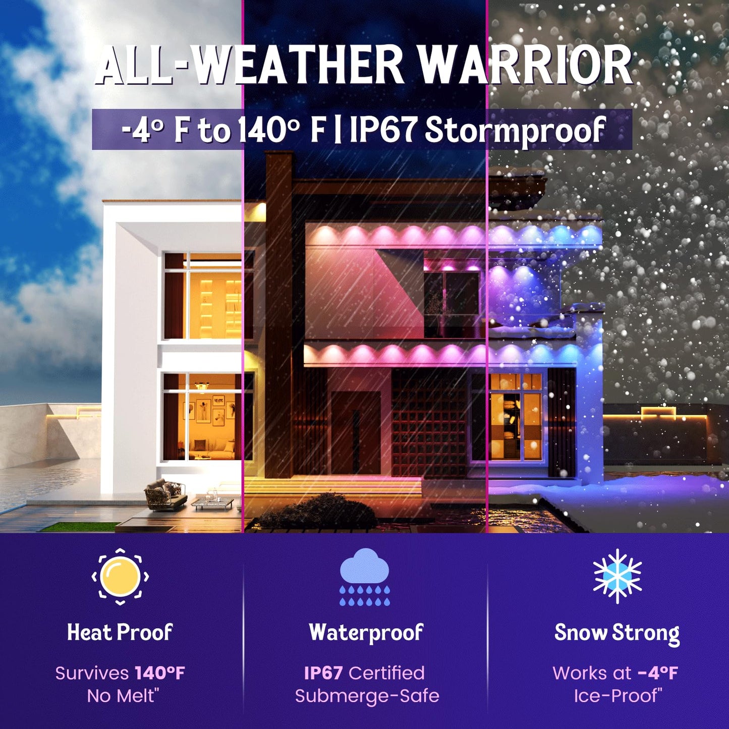 Fitop RGB Smart Outdoor Lights, 100FT IP67 Waterproof LED Strip, Music Sync, Voice Control, Multicolor