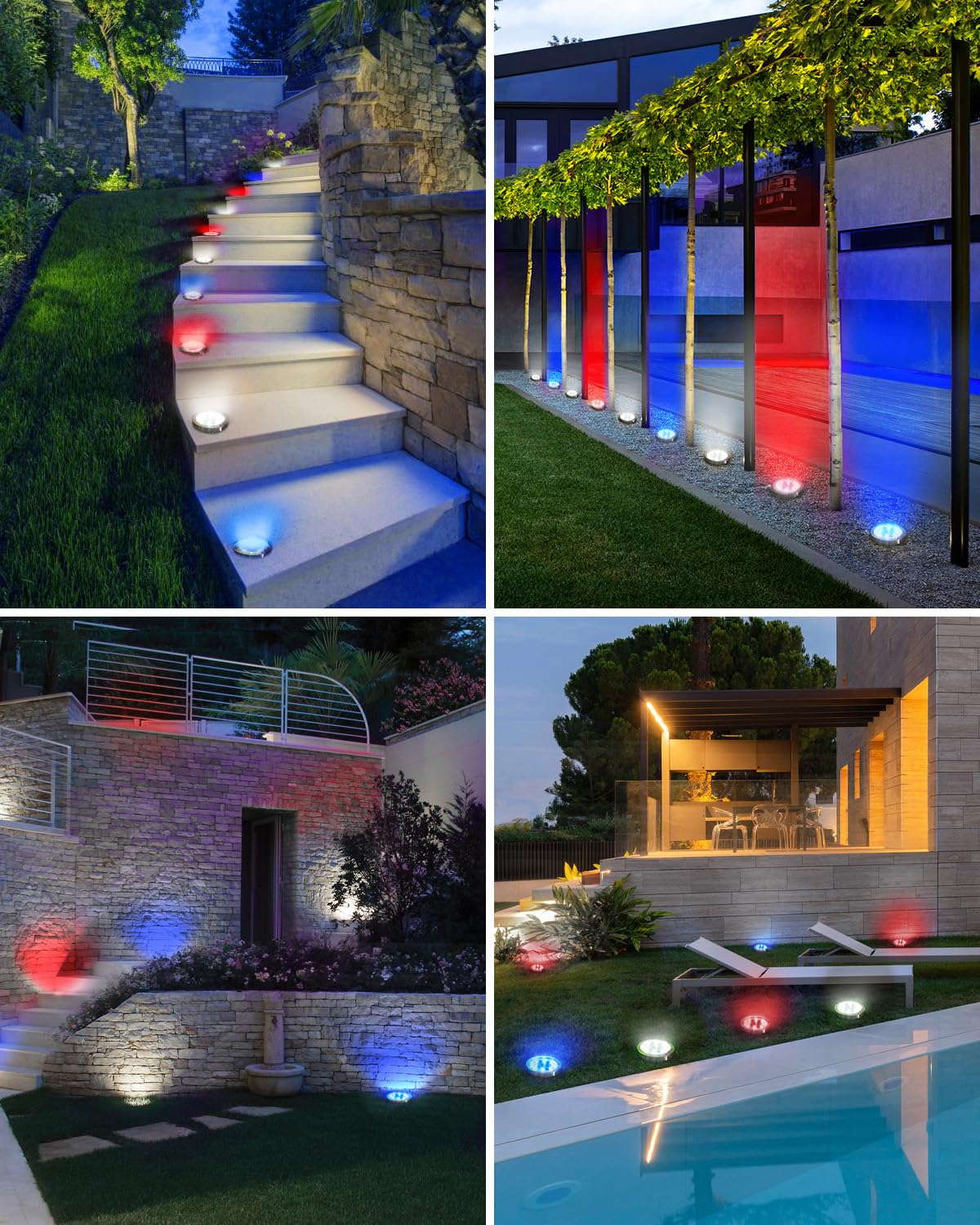 btfarm Solar Ground Lights, 24 Pack, 8 LED, IP65 Waterproof, Plastic, Red+Blue+Cool White, Model DC-CD915