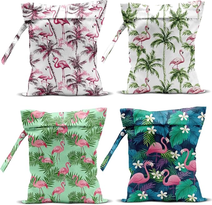 4 Pack Wet Bag for Swimsuit, Beach Travel Essentials Wet Dry Bag, for Sunscreen Toiletry Dirty Clothes Yoga Gym Diaper, Friend Summer Beach Vacation Gifts. Flamingo Series