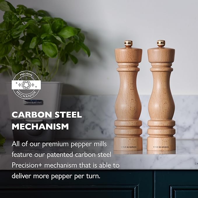 Cole & Mason London Refillable Spice Mill - Kitchen & Home Accessory - Table Black Pepper Grinder - Pepper Mill with Carbon Steel Mechanism - 8", Natural Beech
