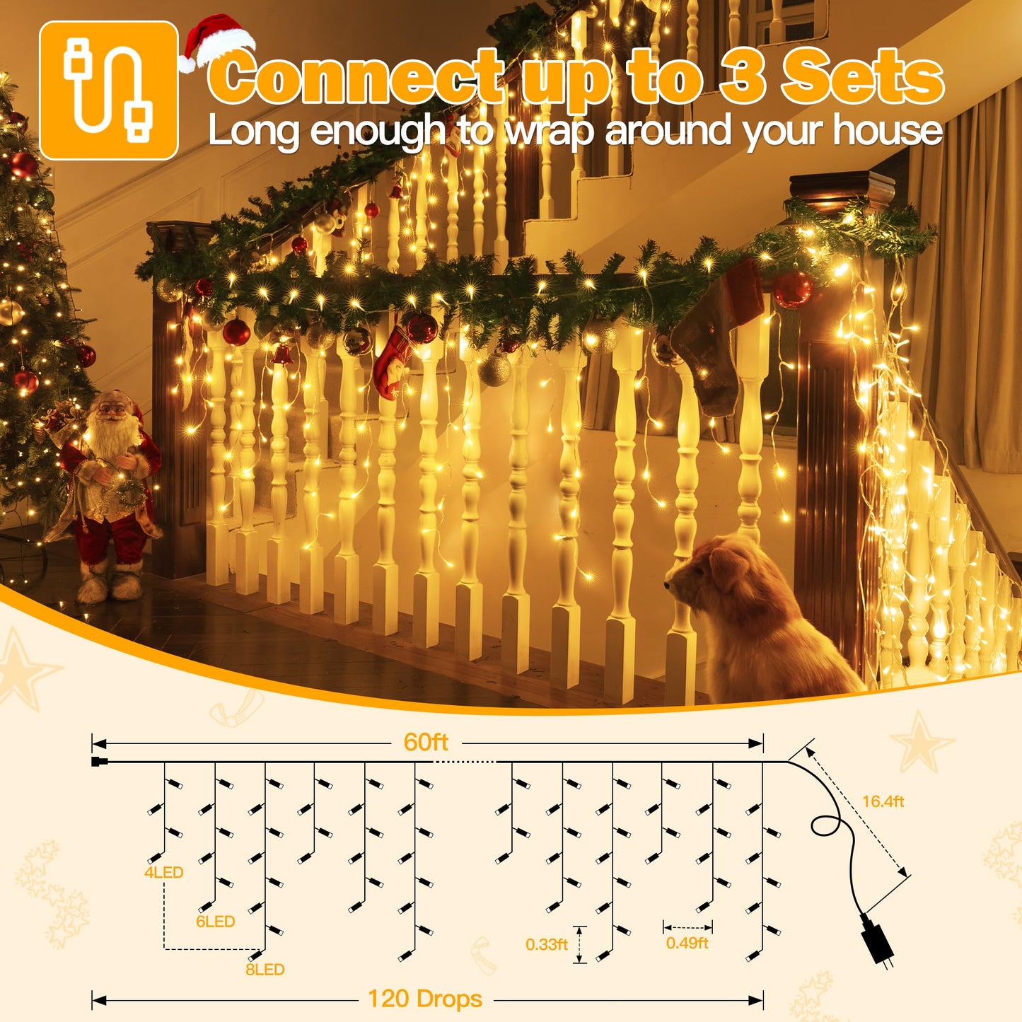 Ollny 720 Led Icicle Lights - Warm White Christmas Lights With Remote, 8 Modes, Waterproof, 60Ft For Indoor/Outdoor Decorations