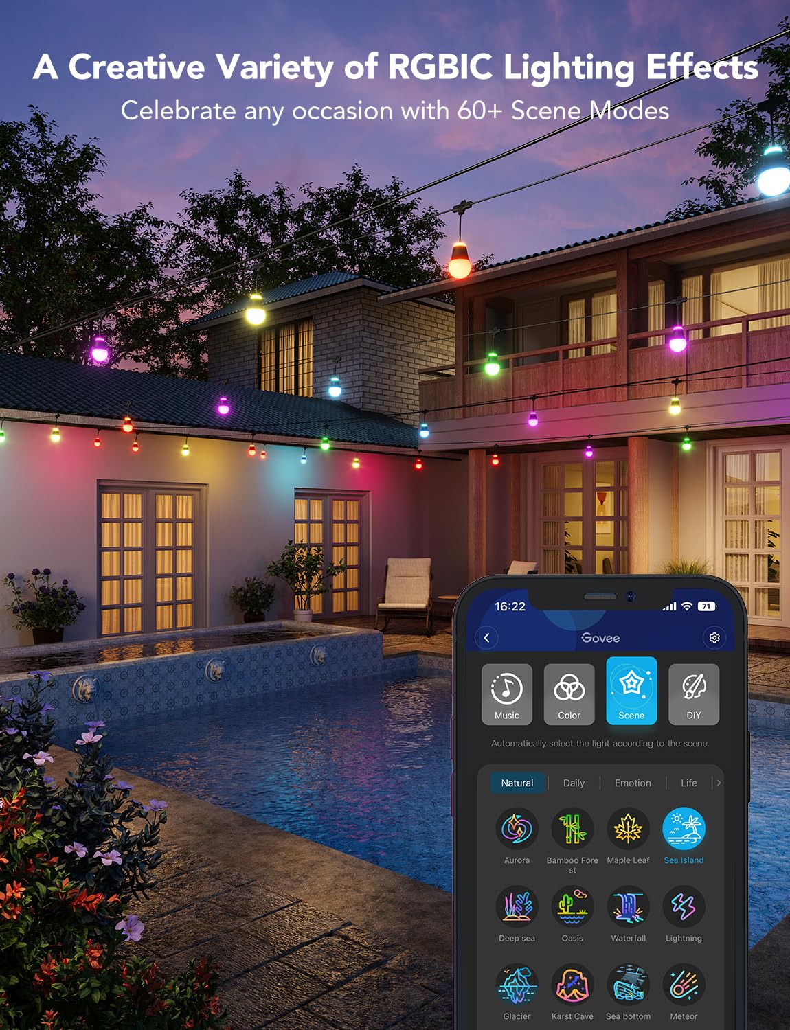 Govee Outdoor String Lights H1, 50ft RGBIC Outdoor Lights with 15 Dimmable Warm White LED Bulbs, Smart Outdoor Lights with 60 Scene Modes, IP65 Waterproof, Work with Alexa, Daily Lighting