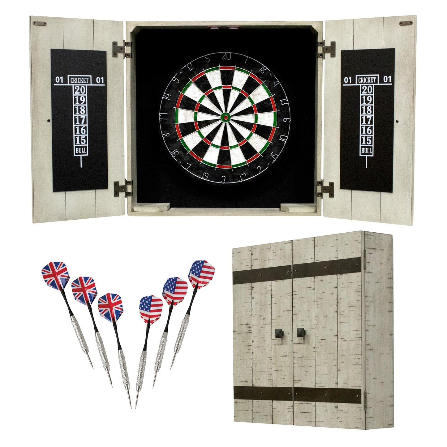 Hathaway Drifter 18-in Bristle Dart Board and Cabinet Set – Includes Self Healing Sisal Board, Removable Outer Ring, Chalk Scoreboards & Steel-Tip Darts - Complete Dart Accessories - Timberwood