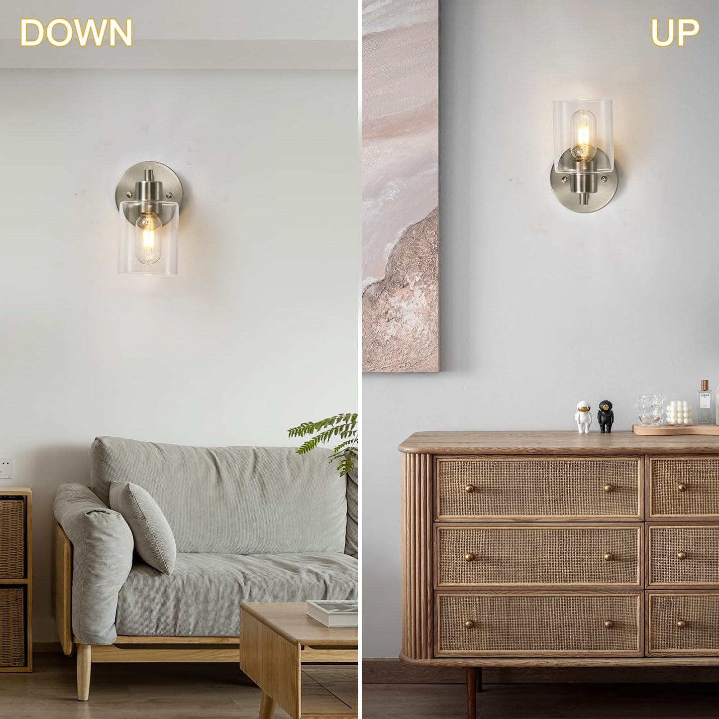 Wall Sconces For Bathroom  Brushed Nickel Vanity Light Fixtures  Modern Wall Mount Lighting Lanterns  Farmhouse Wall Lamps With Clear Glass Shade For Bedroom Living Room Mirror Hallway Porch(2Pack)