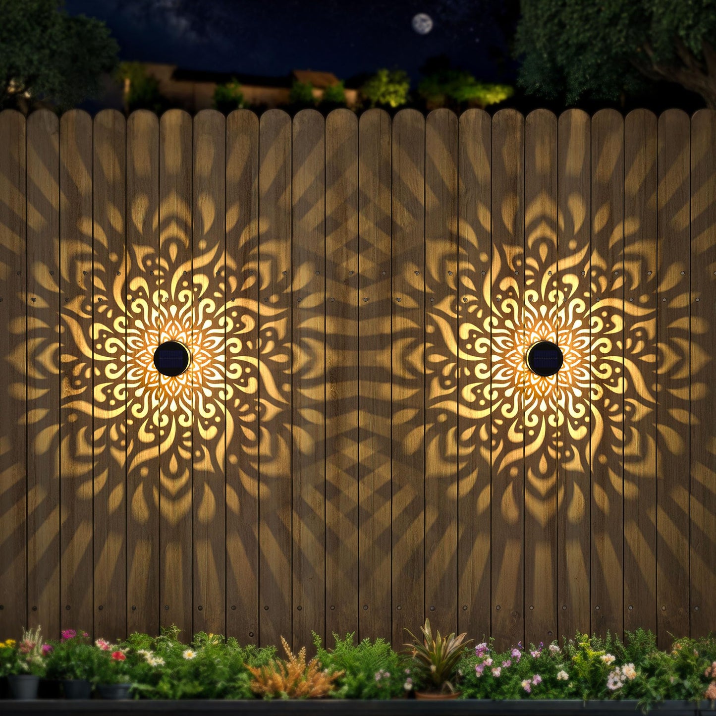 gardencave Solar Fence Lights - 2 Pack Metal Waterproof Mandala Theme for Outdoor Wall Deck Patio Decor
