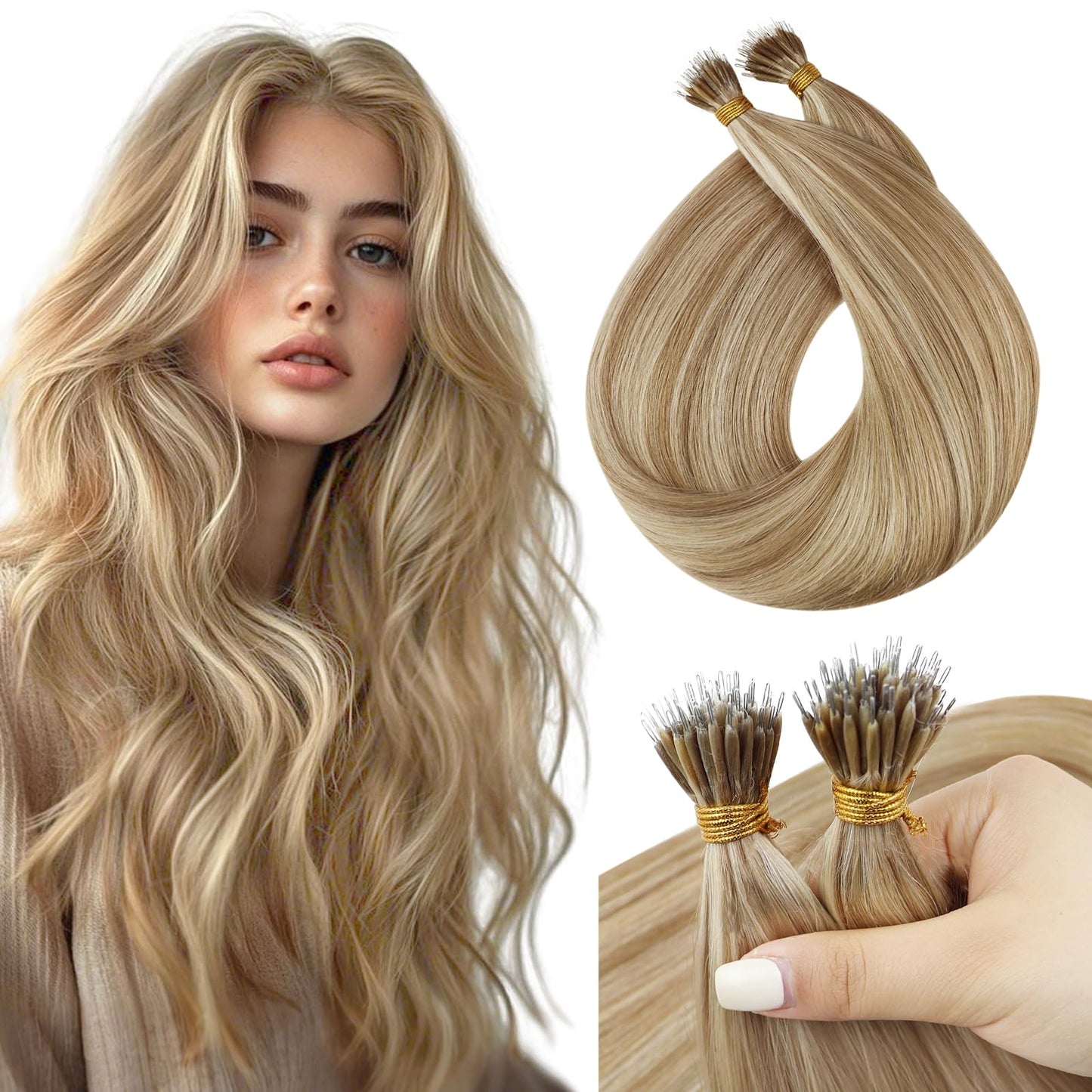 Sunny Hair Extensions Nano Bead Brown Blonde Nano Bead Hair Extensions Human Hair Light Blonde Mix Platinum Invisible Bead Exten