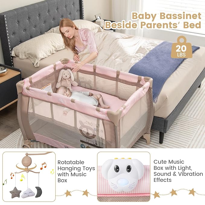 Costzon 3 in 1 Pink Pack and Play with Bassinet, Portable Baby Playard with Changing Table, Music Box, Whirling Toys, Wheels/Brake, Basket, Bag, Foldable Infant Pink Bassinet for Baby Girl Toddlers