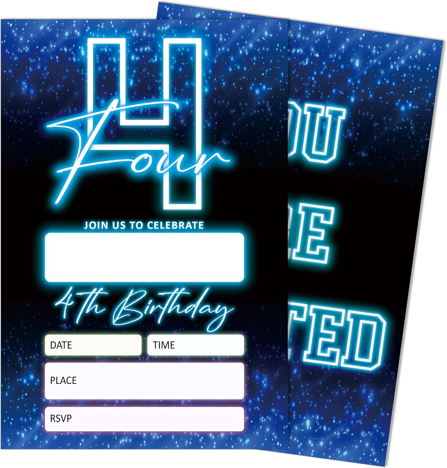 SIXEIGHT Blue 4th Birthday Invitations for Boys, Neon Glow Party Invitations for Girls Kids, 20 Pack Double Sided Invite Cards with Envelopes, 4th Glow Neon Birthday Party Decorations, 4x6 Inch-C04