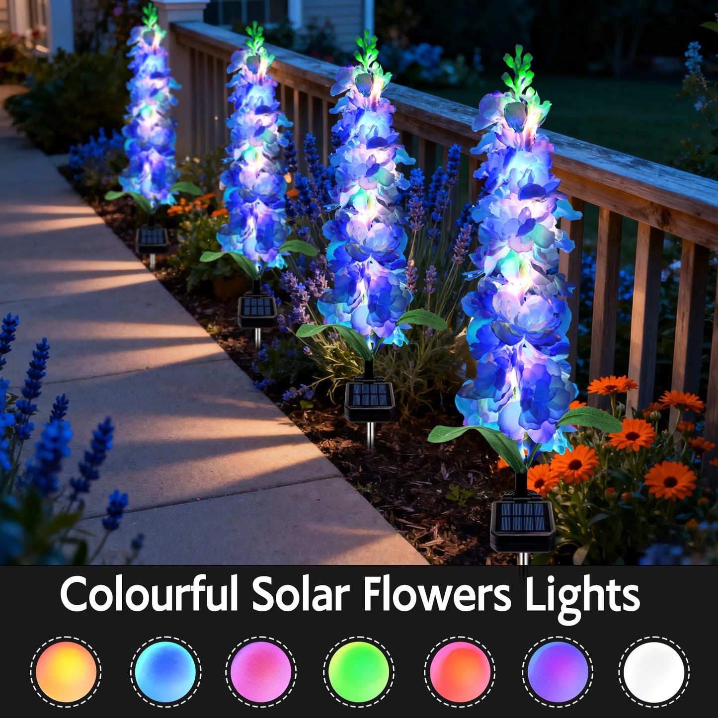 Mrhephaestus Solar Garden Lights  Solar Blue Delphinium Flowers Lights 8 Pack 160 Leds  Waterproof Outdoor Light Two Lighting Modes For Outside Wedding Party Garden Yard Patio Lawn Decor