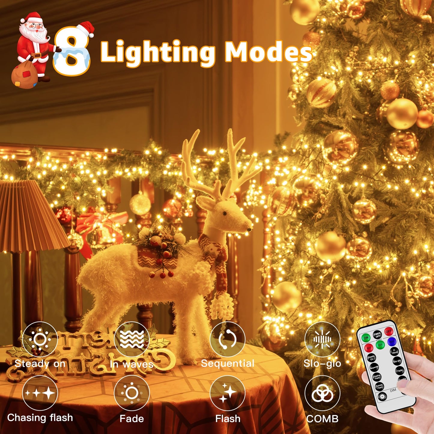 Ccinny 1200 Led 59 Ft Cluster Lights  Warm White Christmas Tree Lights 8 Modes Timer Remote  Waterproof String Lights For Indoor Outside Garland Xmas Decorations