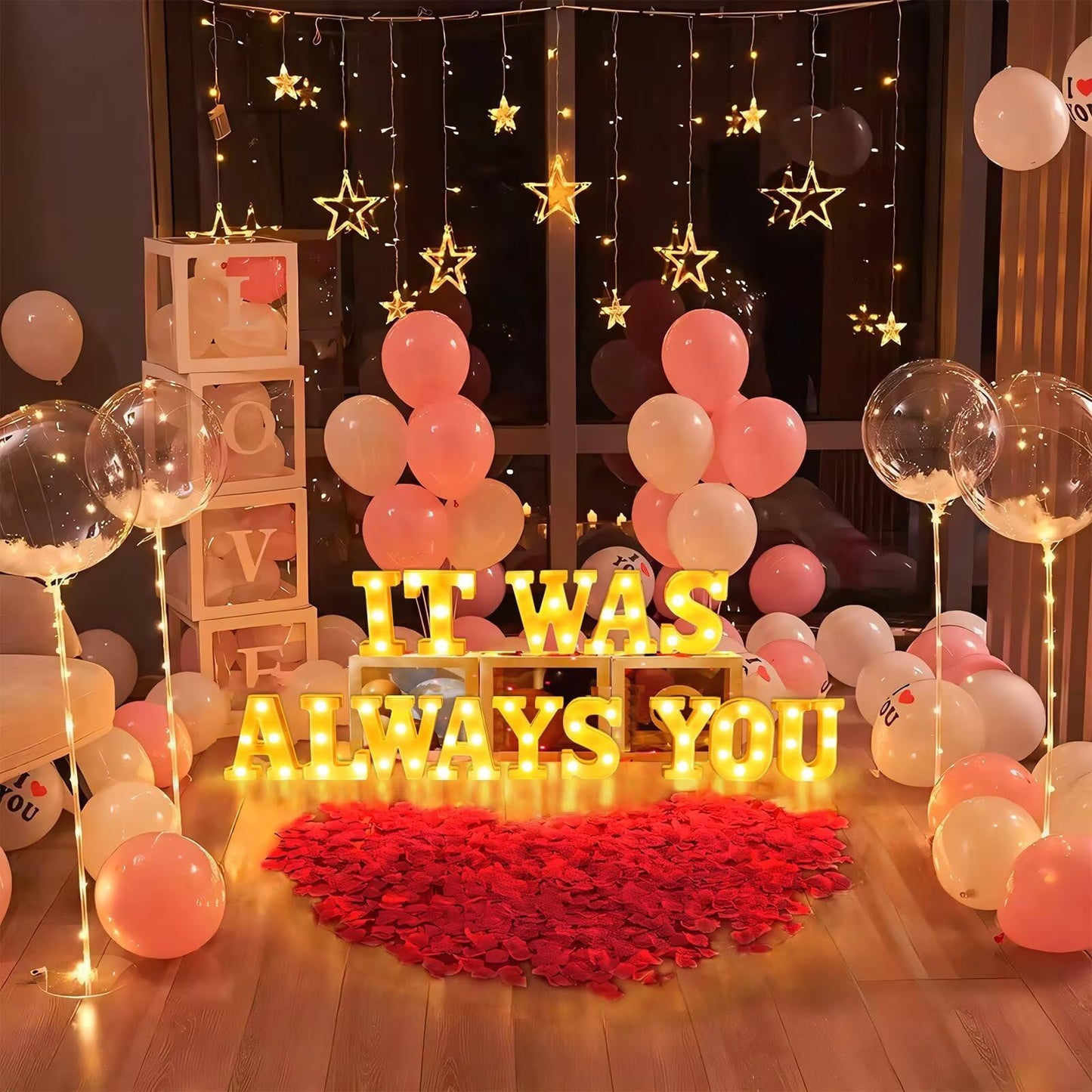 IFNCPF It was Always You Light Up Letters Proposing Decorations Set Includes 14 LED Light Letters and 1000 Rose Petals Valentine's Day Ornaments