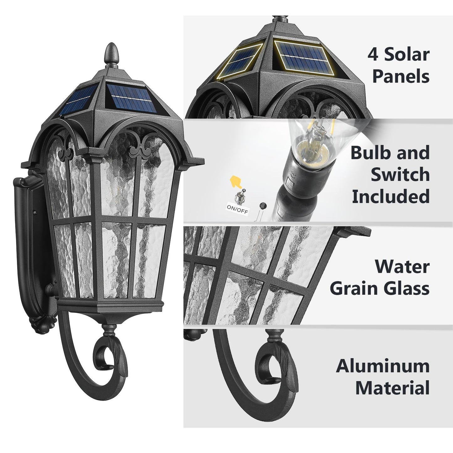 Emliviar Exterior Led Solar Wall Sconce With Remote Control  24 Front Door Wall Lantern With Water Glass Shade  Waterproof Solar Black Wall Light With E26 Bulb  Yxe302Mb-Sl Bk