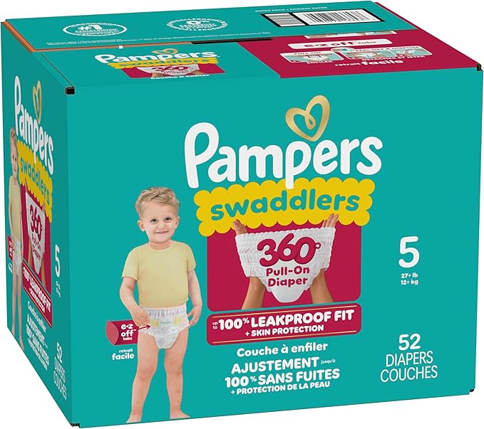 Pampers Diapers - Swaddlers 360° - Size 5, 52 Count, up to 100% Leakproof Comfy Dry Fit, Designed for Easy Changes, Pull On Baby Diaper (Packaging May Vary)