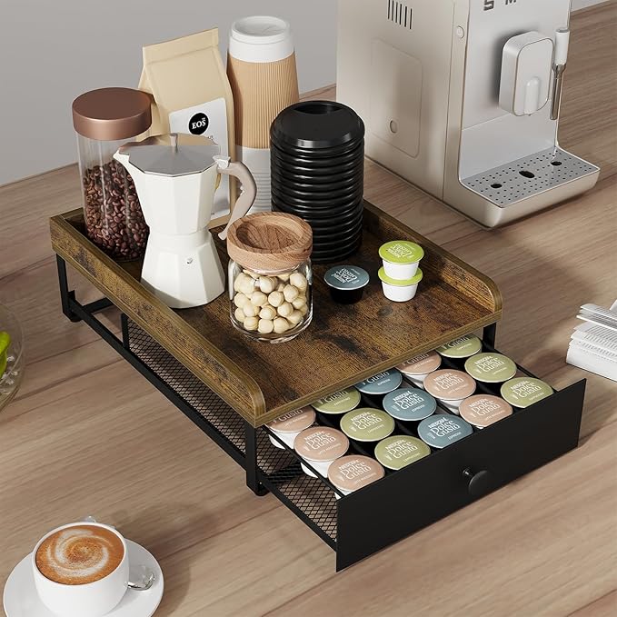 YINMIT Coffee Pod Holder Drawer, Wood K Cup Holder for Counter, Coffee Pod Organizer for K Cup, 35 Capacity Capsule Pods Storage K Cup Drawer Organizer with Sliding Baskets for Home, Kitchen, Retro