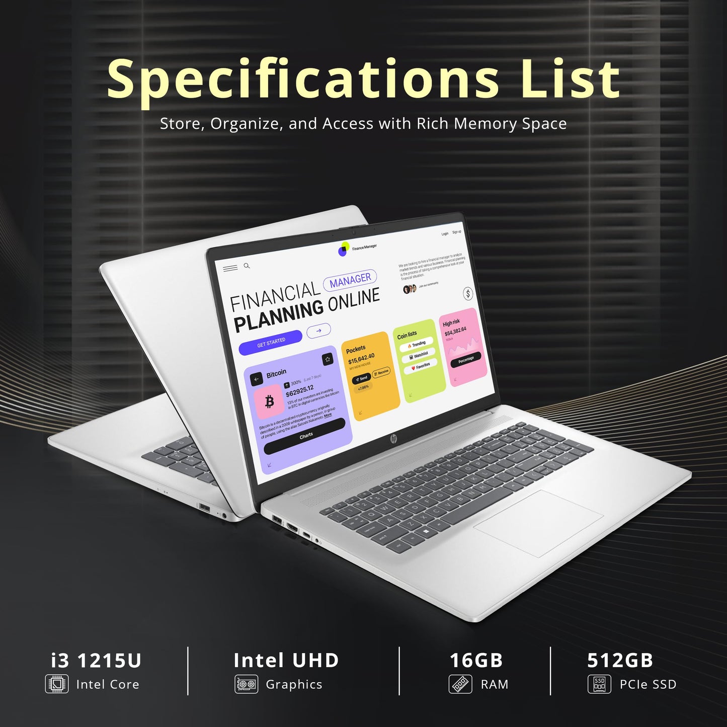 Hp 17.3 Full Hd Laptop, Intel I3-1215U Processor, 16Gb Ram, 512Gb Pcie Ssd, Intel Uhd Graphics, Numeric Keypad, 720P Hd Webcam,