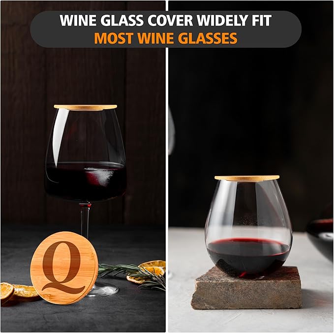 Personalized Wine Glass Charcuterie Topper - Custom Laser Engraved Initial Bamboo Wine Glass Topper Stopper Coasters Plate ID Identification Wine Glass Charcuterie Board Topper (Letter Q)