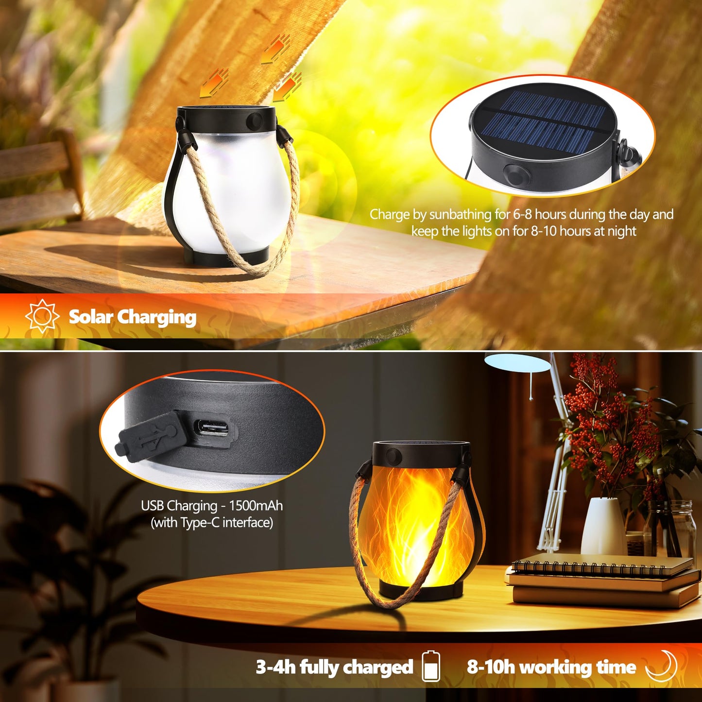 Ibaycon 2 Pack Solar Lanterns Lights  Halloween Flickering Flame Garden Lights With 2 Modes Dual Charging Usb & Solar  Outdoor Waterproof Hanging Lantern For Party Holiday Halloween Decor (Warm White)