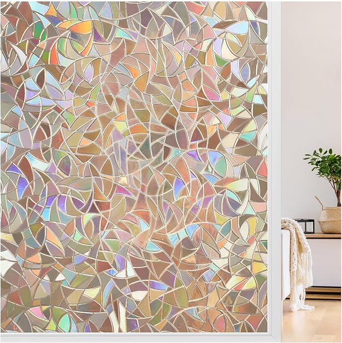 LUTE Window Privacy Film, Rainbow Window Flim, 3D Decorative Stained Glass Cling, Non-Adhesive Vinyl Static Cling Removable Glass Sticker, Sun UV Blocking Covering for Home, Brown, 17.5 x 118.1 inches