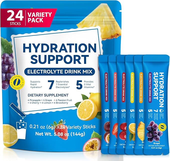 Electrolyte Drink Mix – 24 Stick Packs, Sugar-Free,Dehydration Relief,Hydration Support with 7 Electrolytes & 5 Vitamins –...