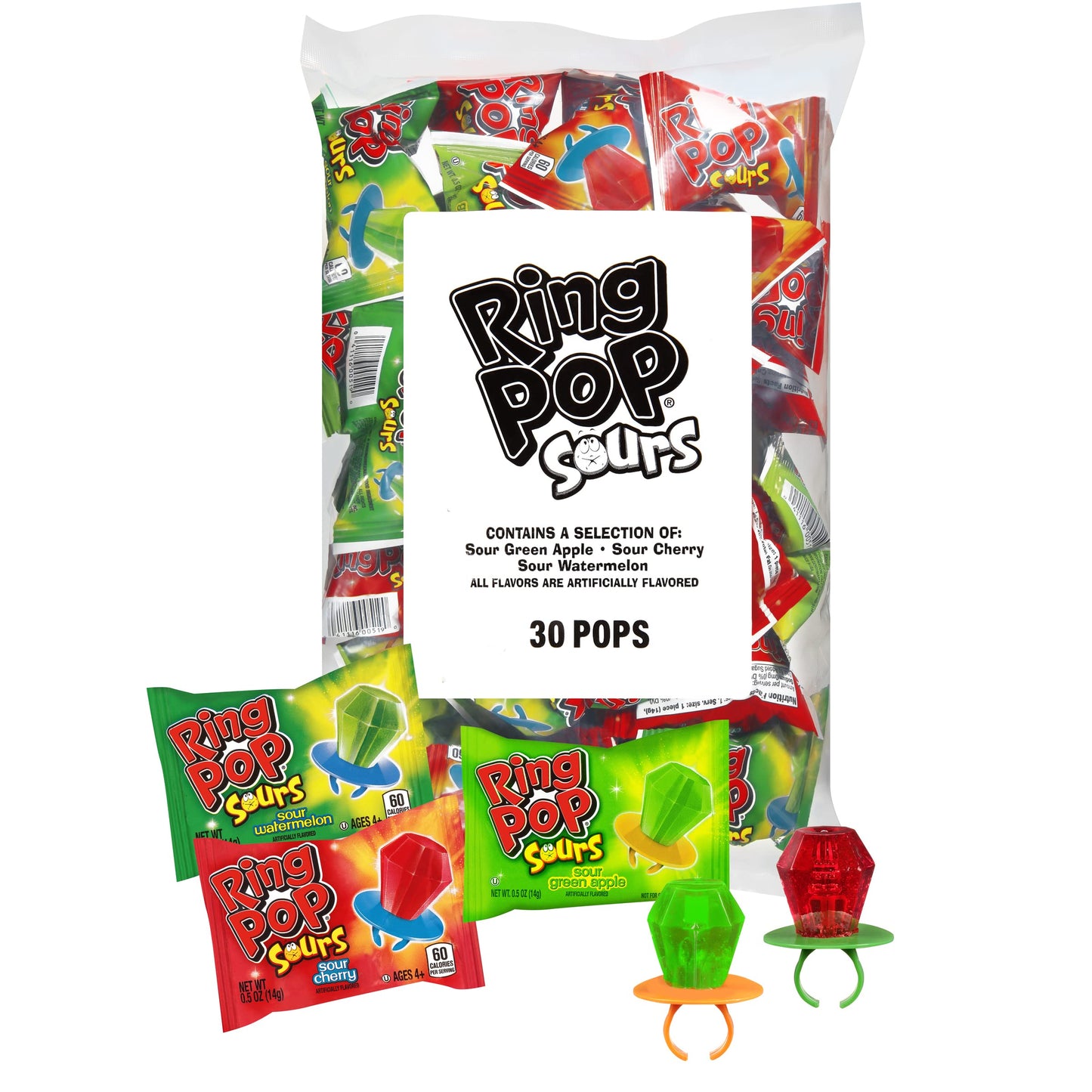 Ring Pop Sours Individually Wrapped Bulk Lollipop Variety Party Pack - 30 Count Lollipop Suckers w/ Assorted Flavors for Kids -