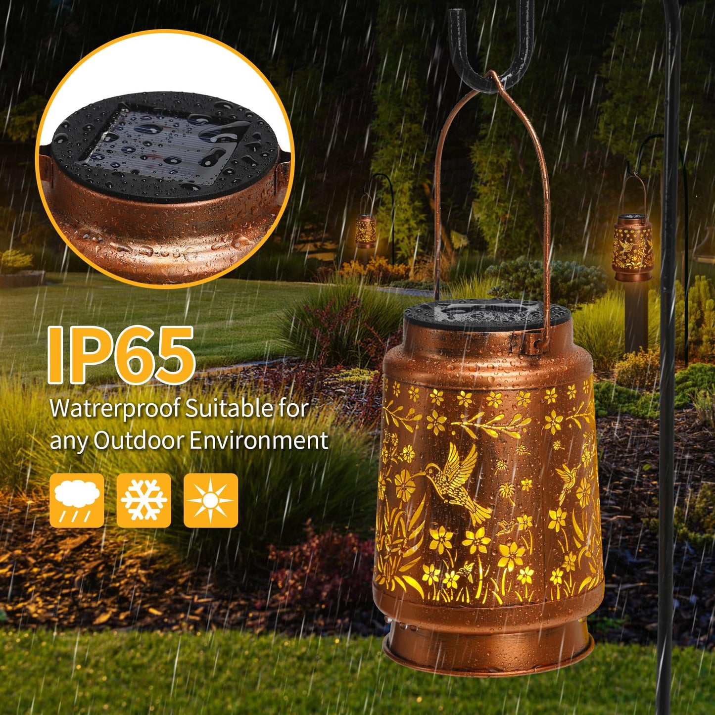 Kaakuuki 2 Pack Solar Lanterns, Waterproof Metal LED Garden Light, Bronze Color, Model HW10-2P for Outdoor Use