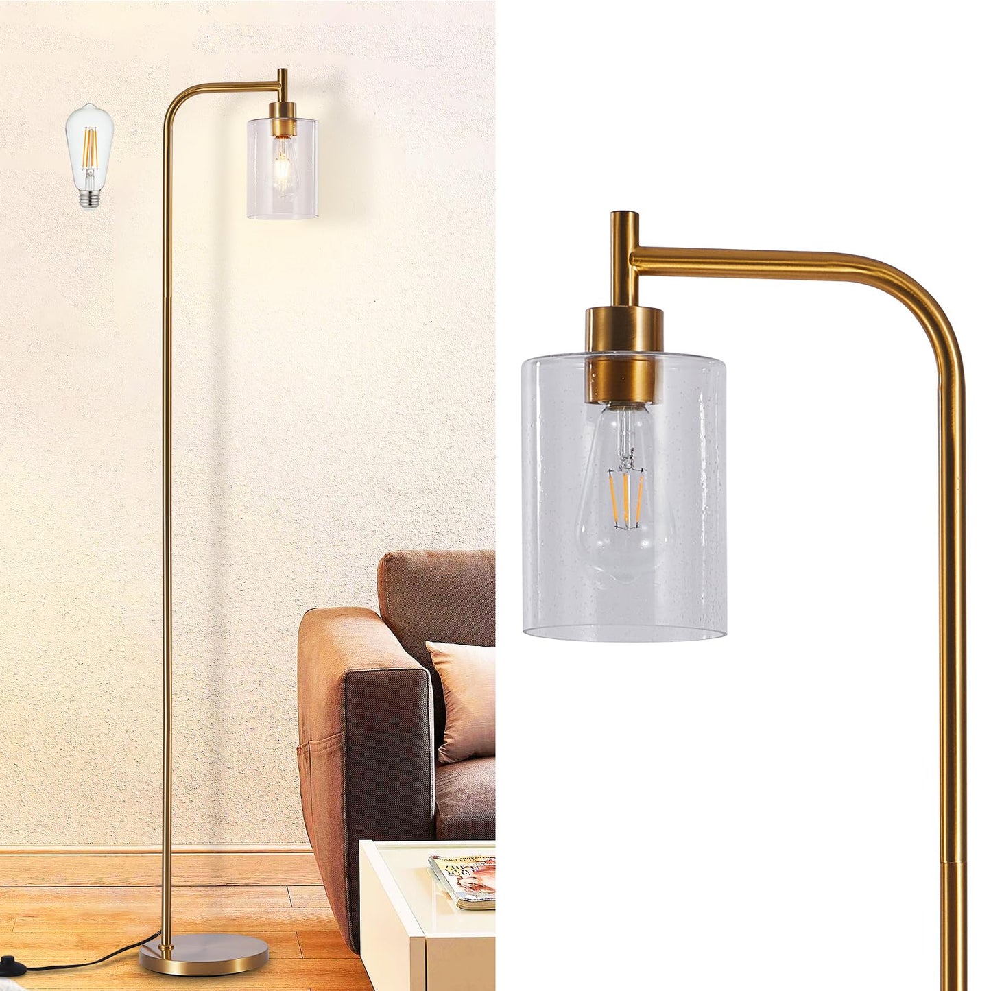 DINGLILIGHTING Floor Lamp - Gold Metal with Seeded Glass Shade, Modern Design, Includes 8W LED Bulb, Model WSFLL005-G-3