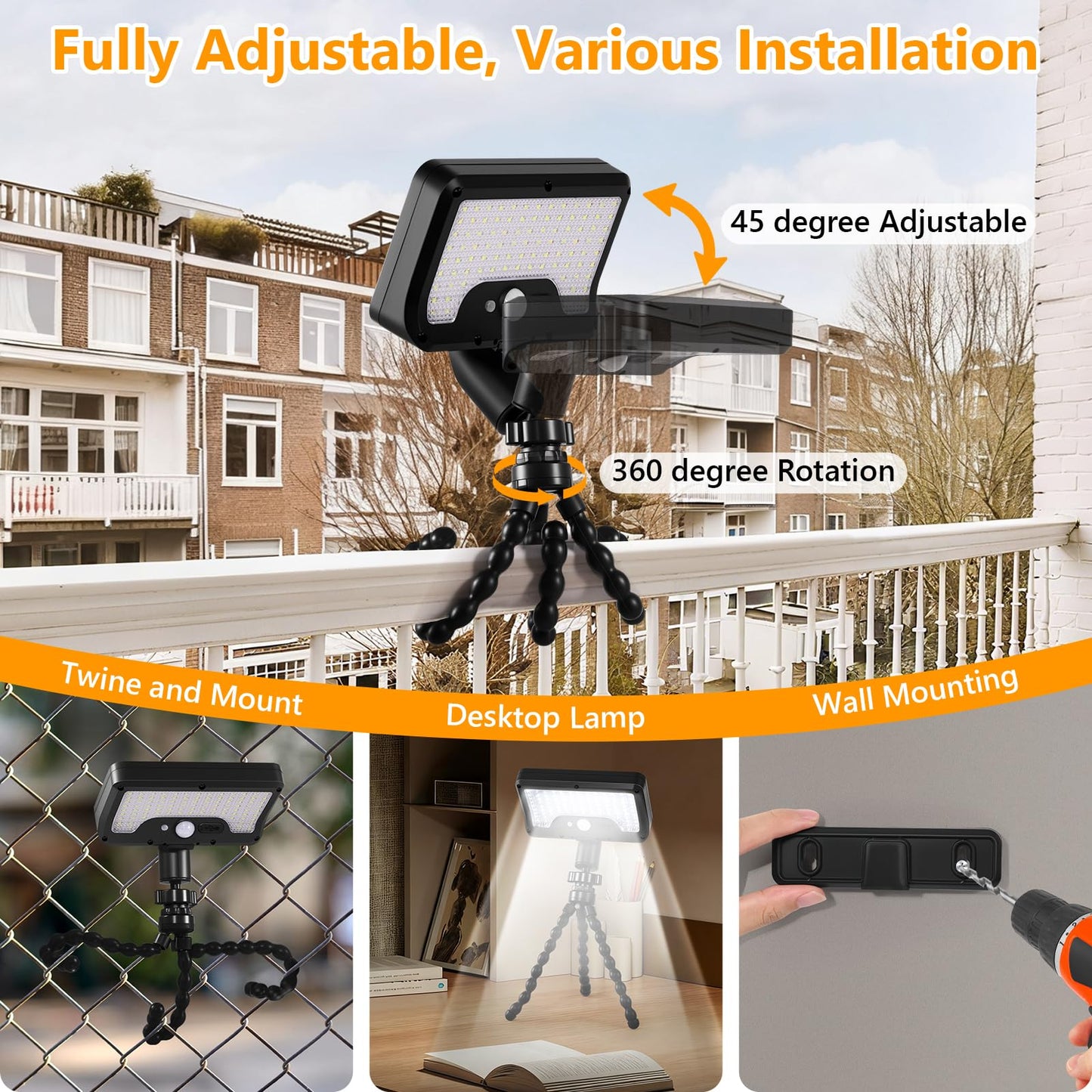 Solar Motion Lights Outdoor with Flexible Octopus Tripod, USB & Solar Powered Motion Sensor Lights with 92 LEDs(600LM,6000K), IP65 Waterproof Motion Activated Light for Fence, Camping, Gutter(2 Pack)