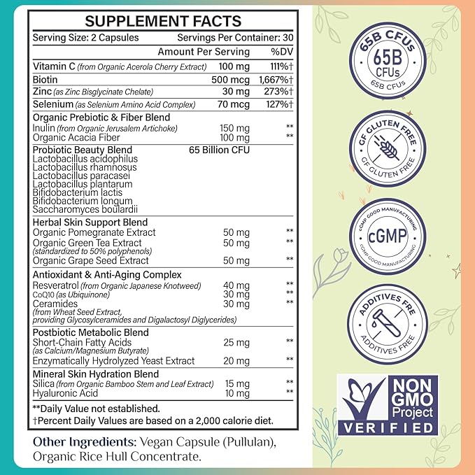 Beauty Probiotics for Women, Collagen Boost with 3-in-1 Complete Prebiotics, Postbiotics & Probiotics for Hair, Skin, Nails & Vaginal Health - 65 Billion CFU, Ceramides, Resveratrol & CoQ10, 60 Caps
